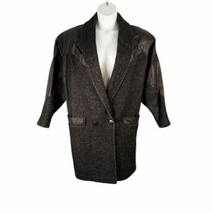 Vintage ADA Paris Jacket Womens 7-8 Black Tweed Wool Leather 80's Oversized